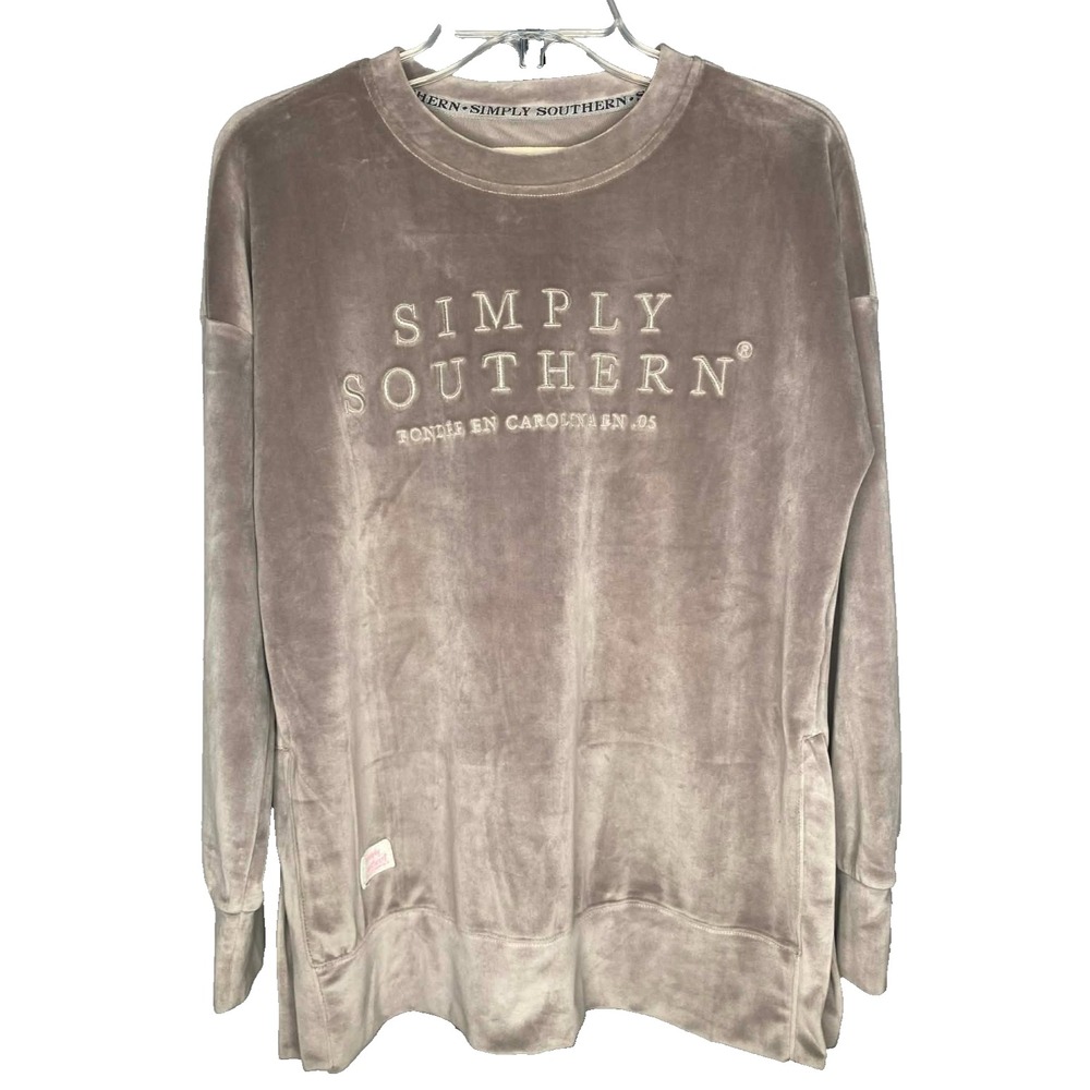 Womens Simply Southern silver blush embroidered velour Pullover small romantic